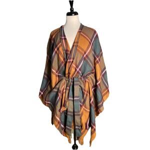 David And Young Plaid Pattern Belted Waist Fringe Open Front Poncho Tie Waist